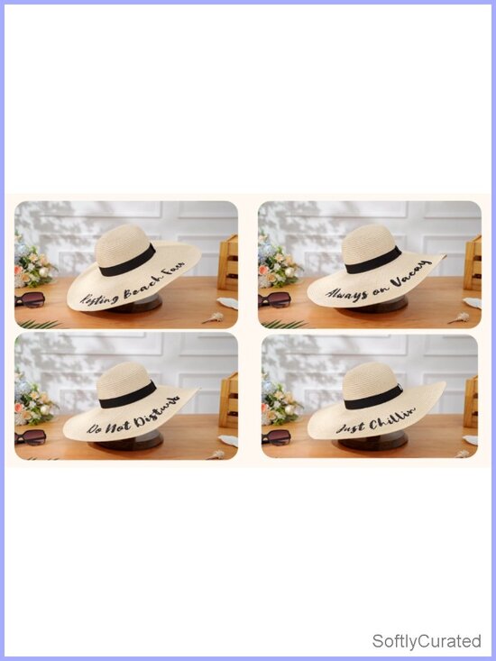 4 Pack Straw Floppy Sun Hats Embroidered Sayings Wide Brim Foldable Travel Beach
